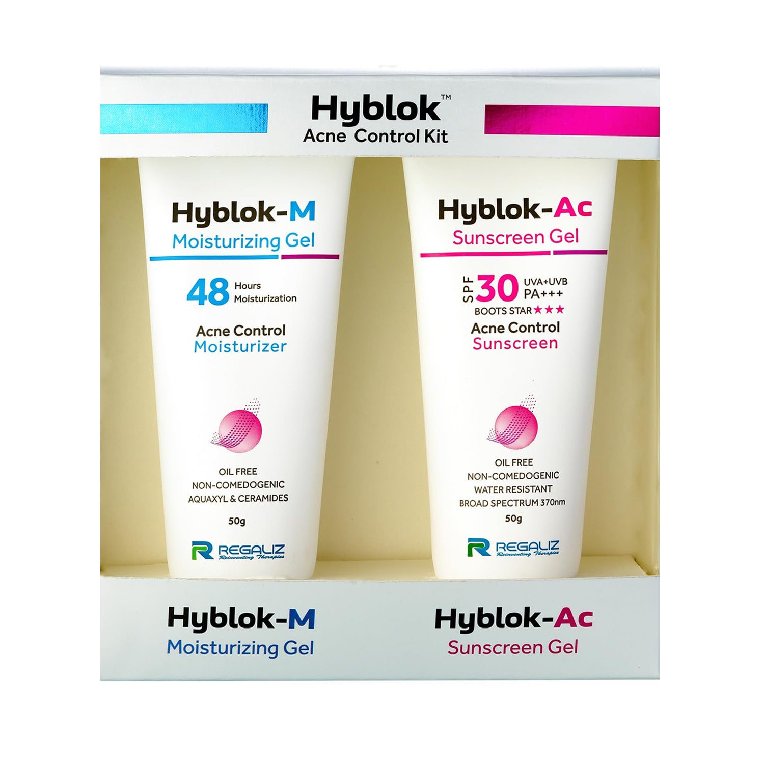 Regaliz Hyblok Acne Control Kit (Hyblok-M Moisturizing Gel and AC Sunscreen Gel – 50 Gm)