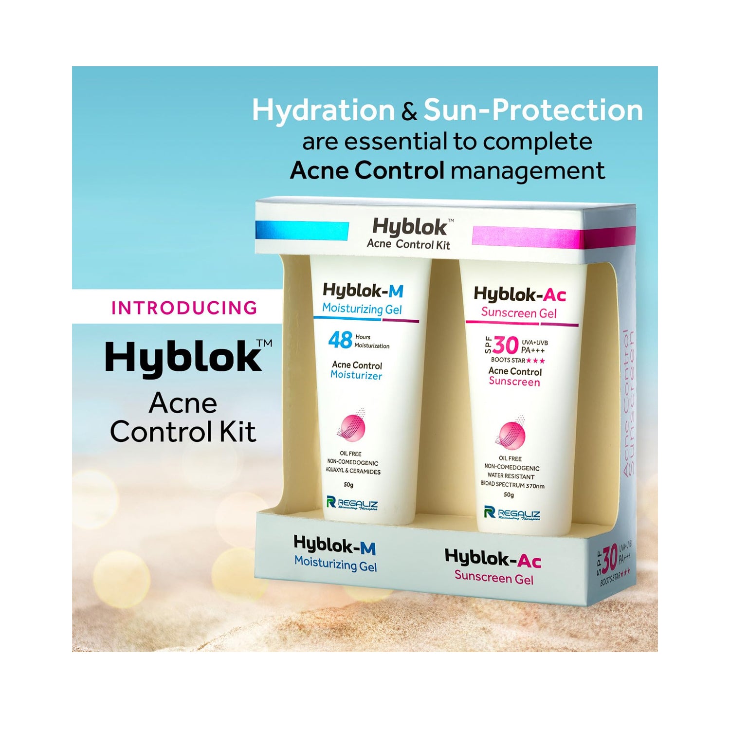 Regaliz Hyblok Acne Control Kit (Hyblok-M Moisturizing Gel and AC Sunscreen Gel – 50 Gm)